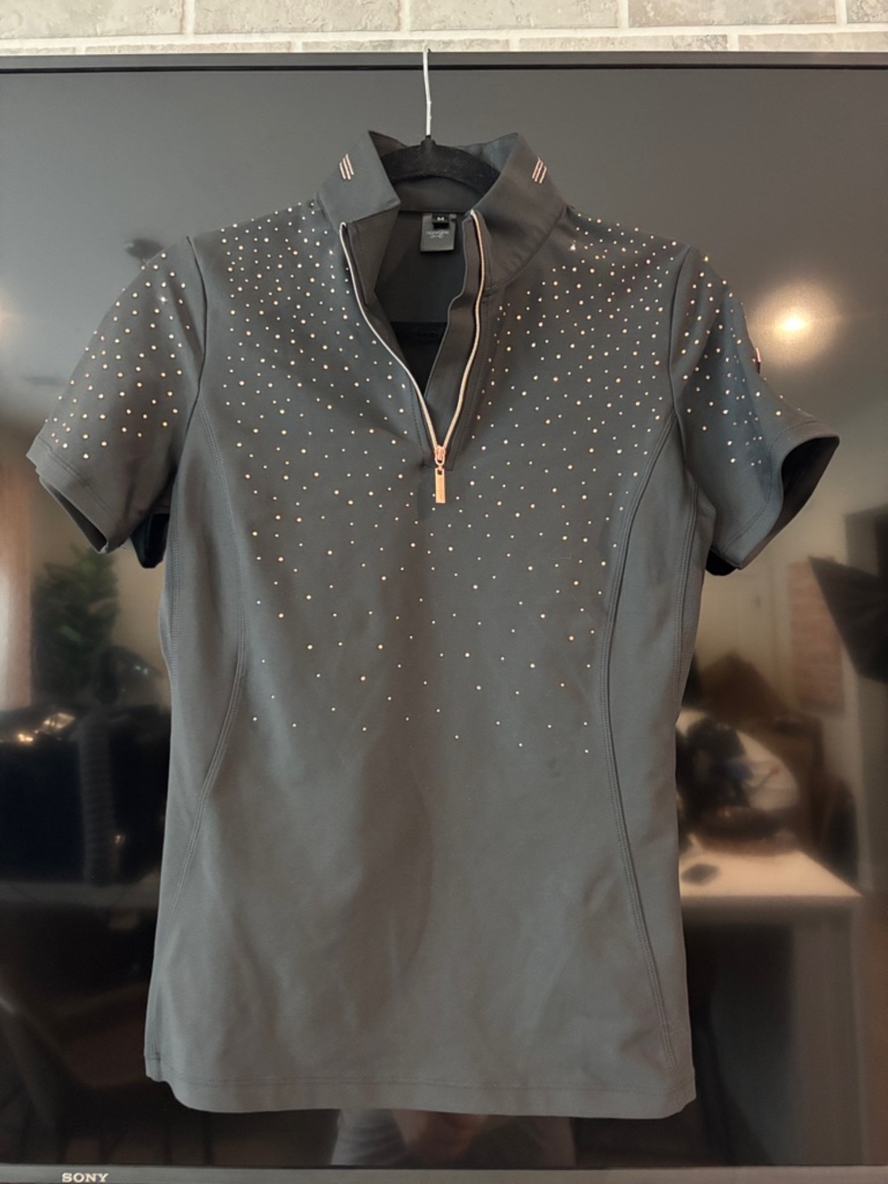 Women's HorseGloss Black Short-Sleeve Zip Polo Black and Rose Gold NWT